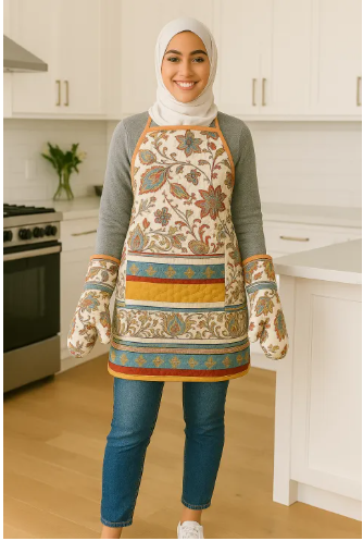 Quilted Floral Kitchen Apron & Gloves Set