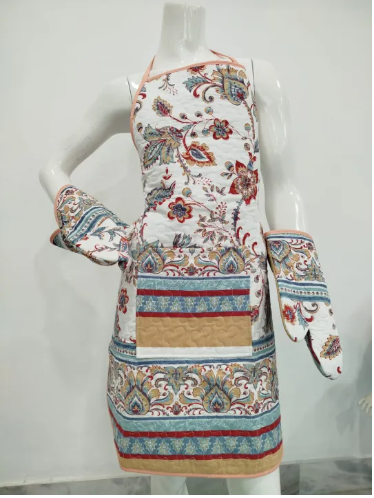 Quilted Floral Kitchen Apron & Gloves Set